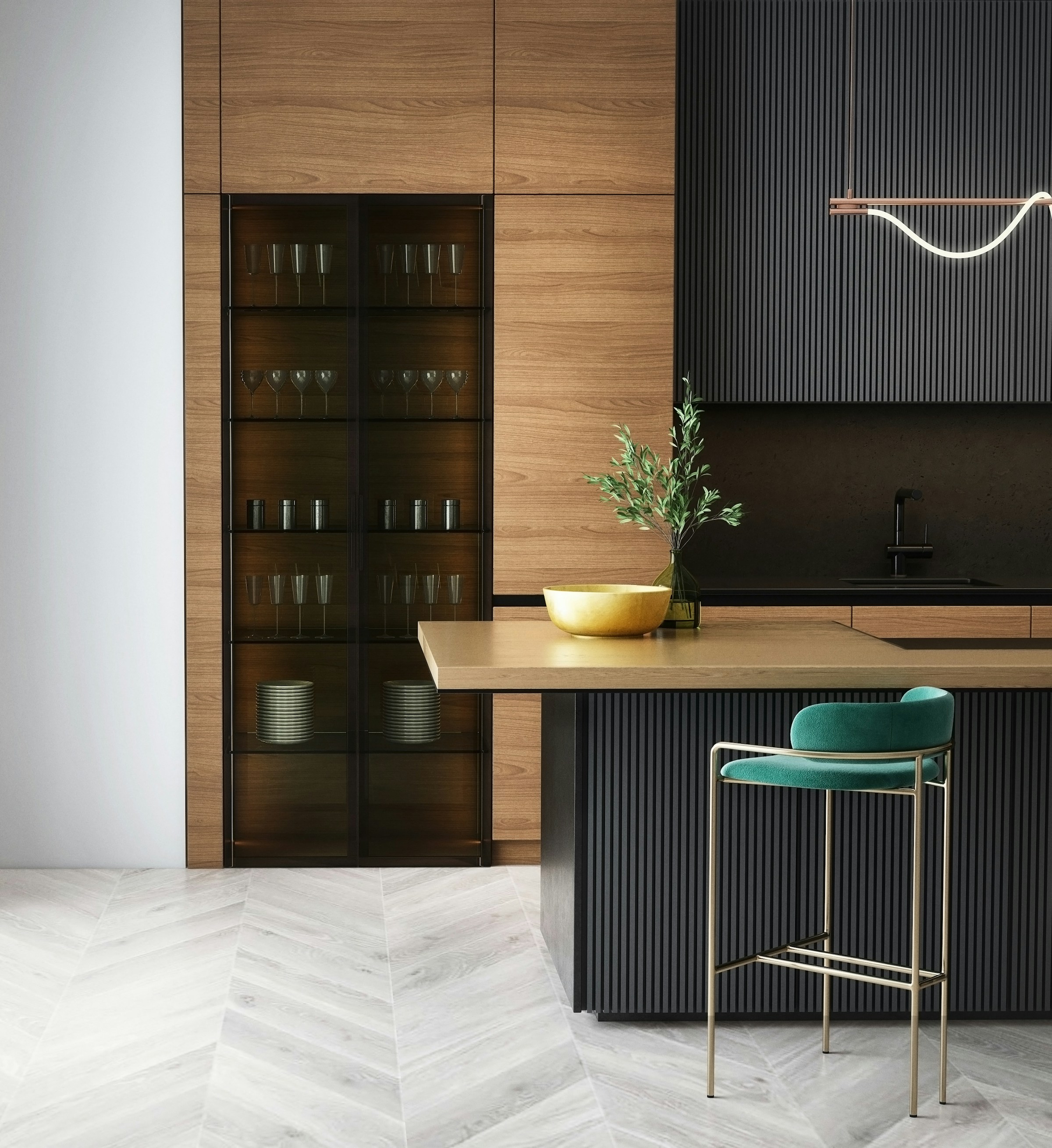 Walnut cabinetry paired with black fluted panels and warm metal accents